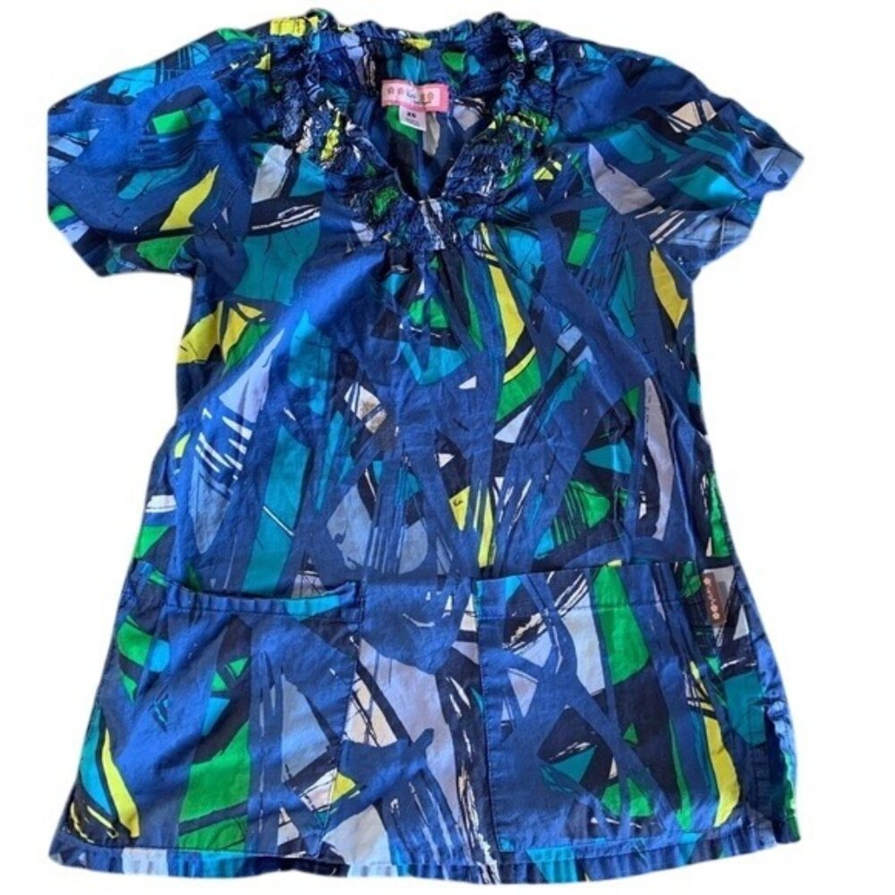 Koi Womens XS Blue Multicolor Abstract Print Scrub Top With Pockets